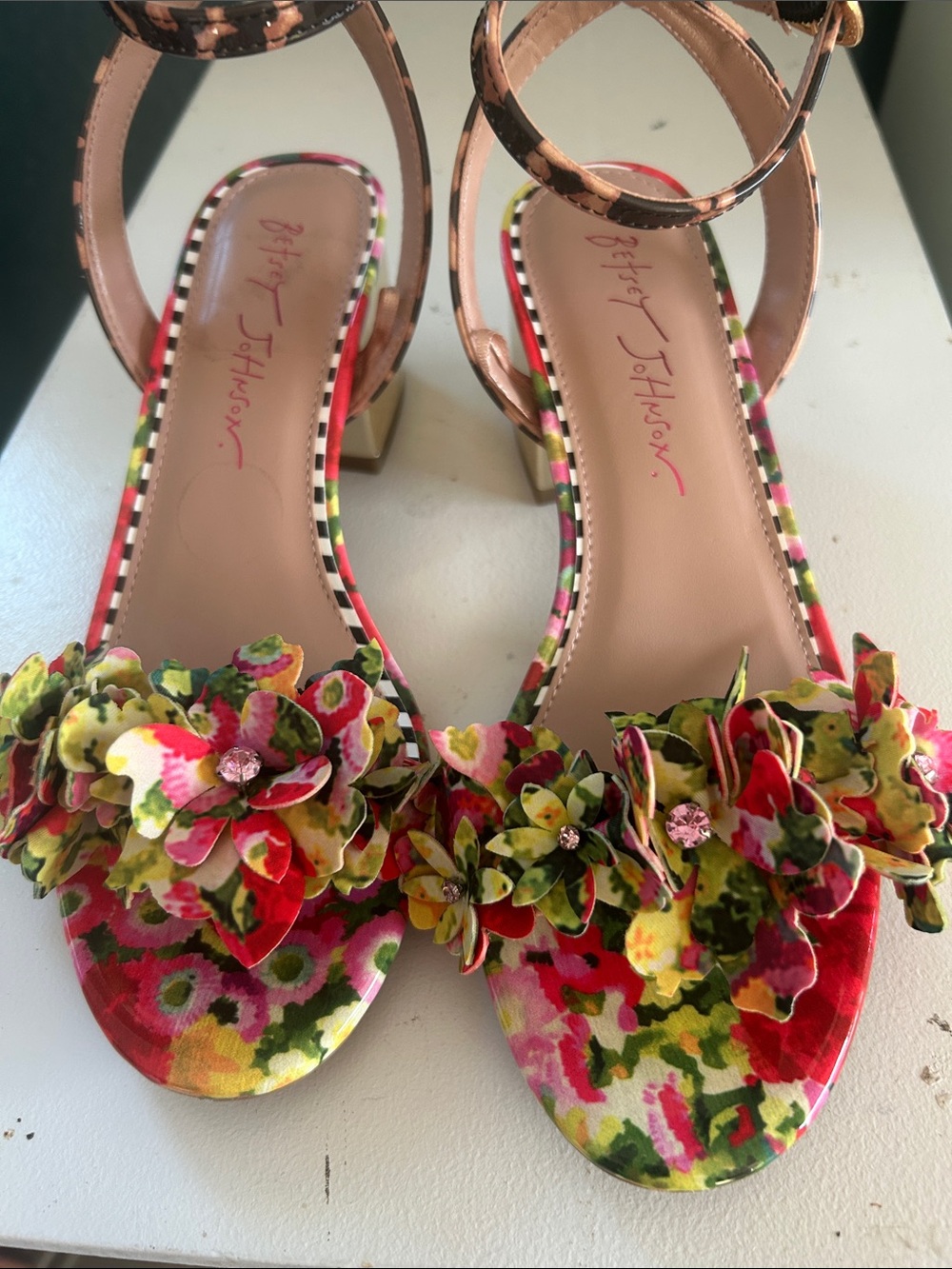 Betsey Johnson Pink Floral Appliqué Open-Toe Heels